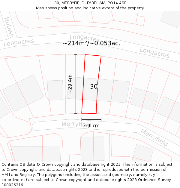 30, MERRYFIELD, FAREHAM, PO14 4SF: Plot and title map