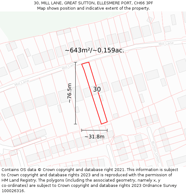 30, MILL LANE, GREAT SUTTON, ELLESMERE PORT, CH66 3PF: Plot and title map