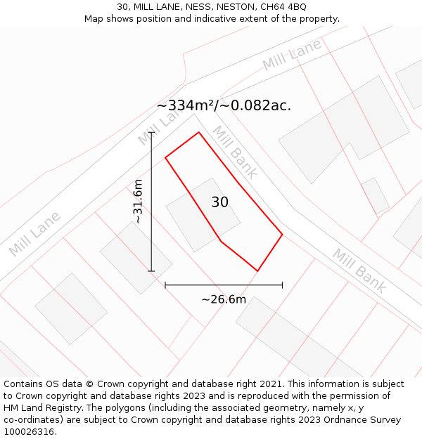 30, MILL LANE, NESS, NESTON, CH64 4BQ: Plot and title map