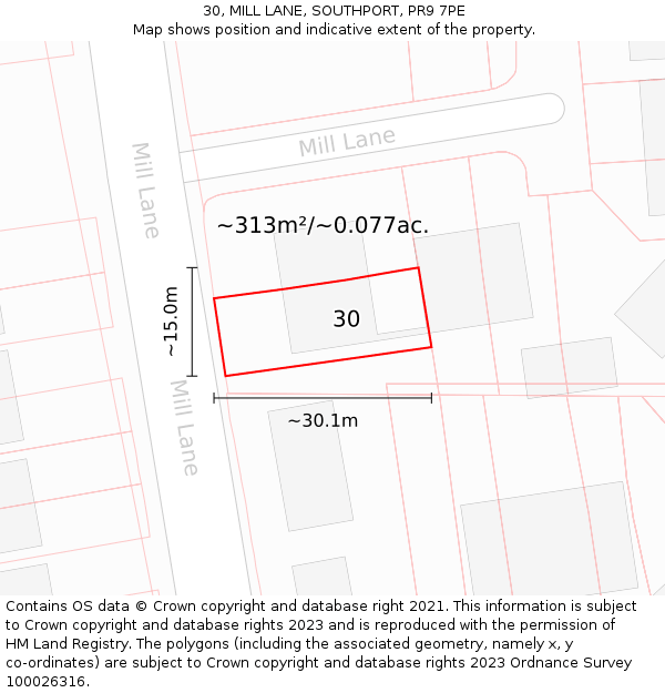 30, MILL LANE, SOUTHPORT, PR9 7PE: Plot and title map