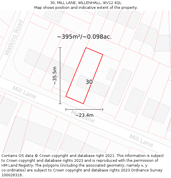 30, MILL LANE, WILLENHALL, WV12 4QL: Plot and title map