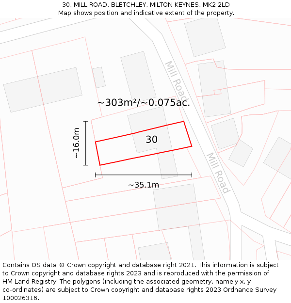 30, MILL ROAD, BLETCHLEY, MILTON KEYNES, MK2 2LD: Plot and title map