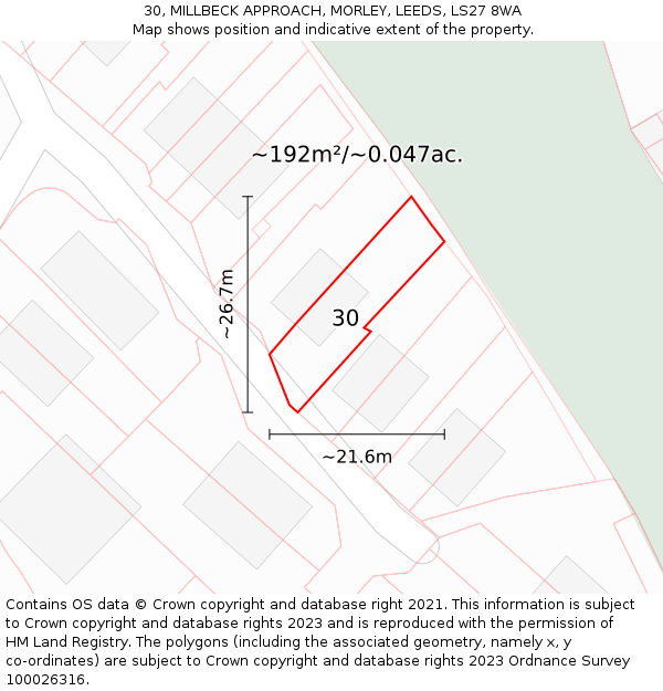 30, MILLBECK APPROACH, MORLEY, LEEDS, LS27 8WA: Plot and title map