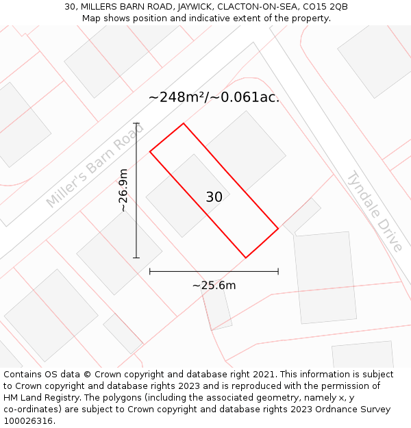 30, MILLERS BARN ROAD, JAYWICK, CLACTON-ON-SEA, CO15 2QB: Plot and title map