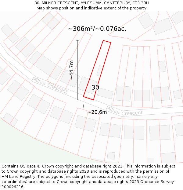 30, MILNER CRESCENT, AYLESHAM, CANTERBURY, CT3 3BH: Plot and title map