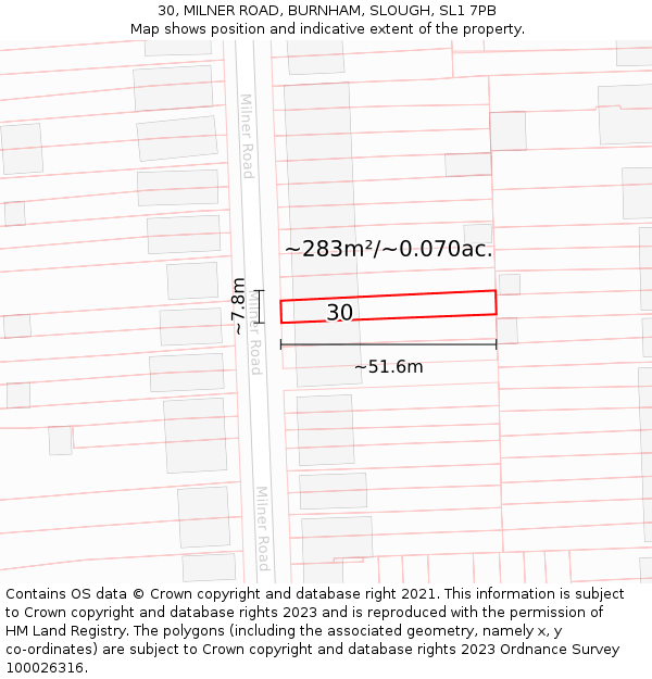 30, MILNER ROAD, BURNHAM, SLOUGH, SL1 7PB: Plot and title map
