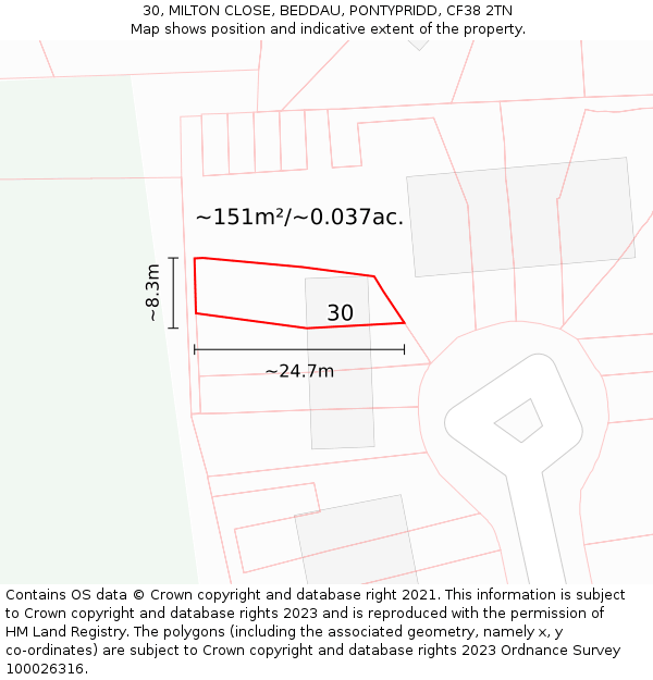 30, MILTON CLOSE, BEDDAU, PONTYPRIDD, CF38 2TN: Plot and title map