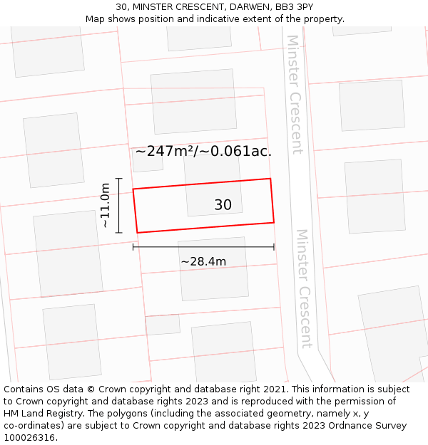 30, MINSTER CRESCENT, DARWEN, BB3 3PY: Plot and title map