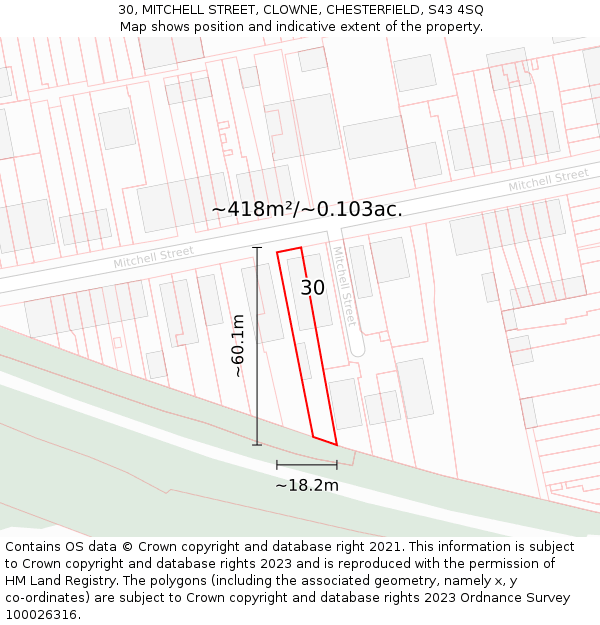 30, MITCHELL STREET, CLOWNE, CHESTERFIELD, S43 4SQ: Plot and title map