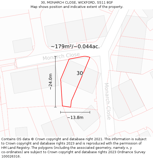 30, MONARCH CLOSE, WICKFORD, SS11 8GF: Plot and title map