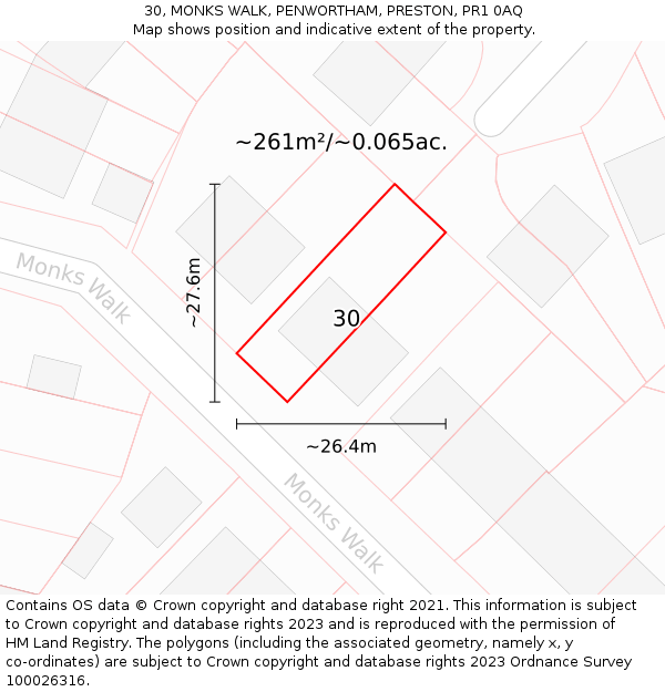 30, MONKS WALK, PENWORTHAM, PRESTON, PR1 0AQ: Plot and title map
