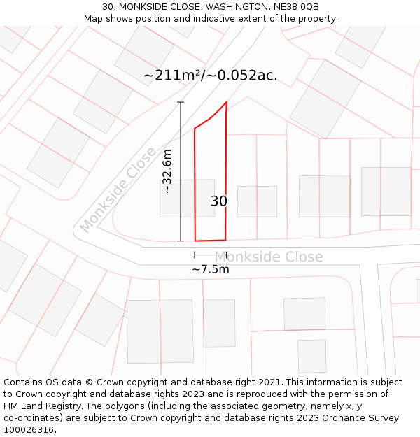 30, MONKSIDE CLOSE, WASHINGTON, NE38 0QB: Plot and title map