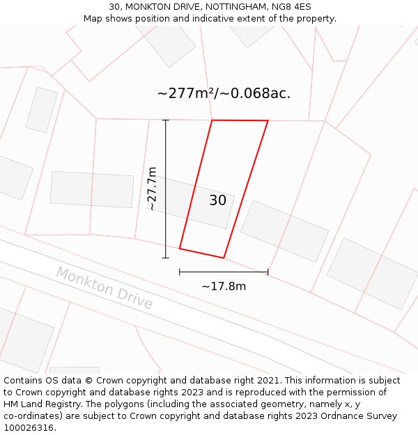 30, MONKTON DRIVE, NOTTINGHAM, NG8 4ES: Plot and title map