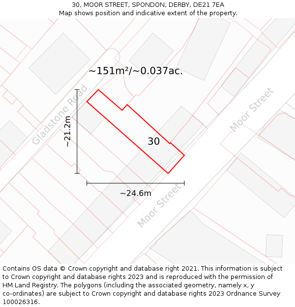 30, MOOR STREET, SPONDON, DERBY, DE21 7EA: Plot and title map