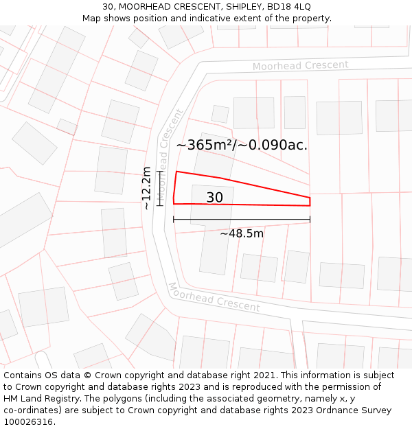 30, MOORHEAD CRESCENT, SHIPLEY, BD18 4LQ: Plot and title map