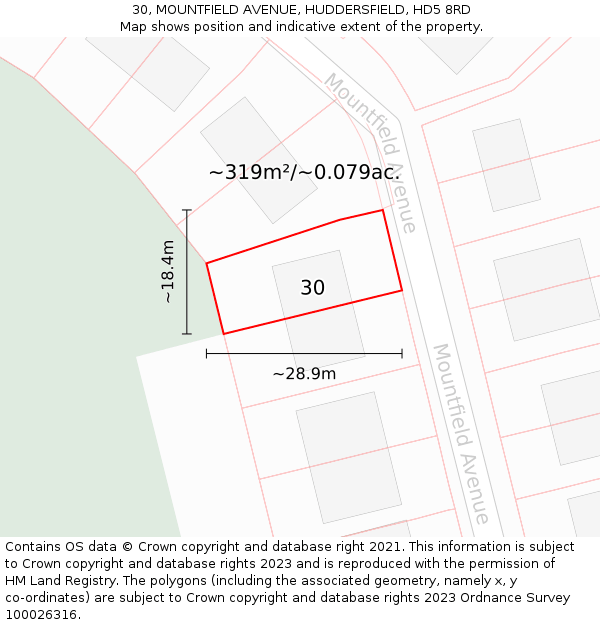 30, MOUNTFIELD AVENUE, HUDDERSFIELD, HD5 8RD: Plot and title map