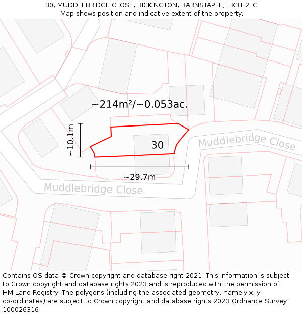 30, MUDDLEBRIDGE CLOSE, BICKINGTON, BARNSTAPLE, EX31 2FG: Plot and title map