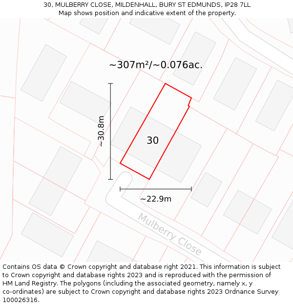 30, MULBERRY CLOSE, MILDENHALL, BURY ST EDMUNDS, IP28 7LL: Plot and title map
