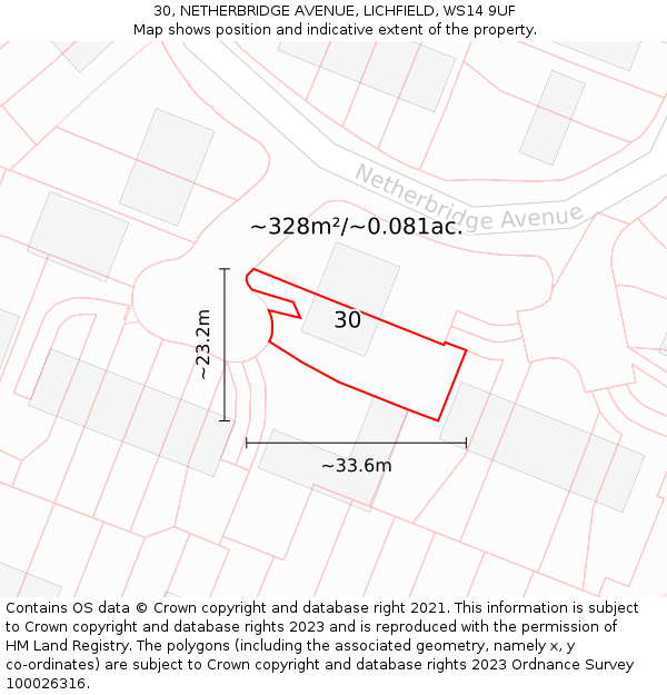 30, NETHERBRIDGE AVENUE, LICHFIELD, WS14 9UF: Plot and title map