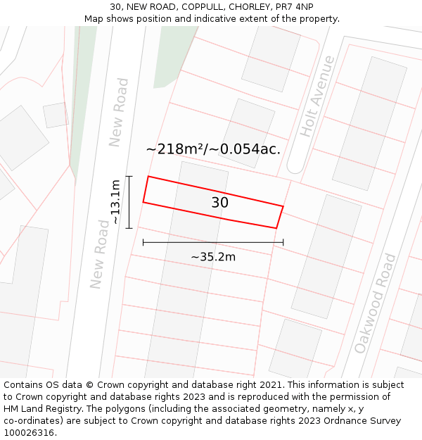 30, NEW ROAD, COPPULL, CHORLEY, PR7 4NP: Plot and title map