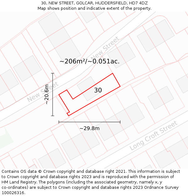 30, NEW STREET, GOLCAR, HUDDERSFIELD, HD7 4DZ: Plot and title map