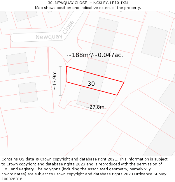 30, NEWQUAY CLOSE, HINCKLEY, LE10 1XN: Plot and title map