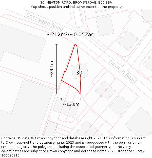 30, NEWTON ROAD, BROMSGROVE, B60 3EA: Plot and title map