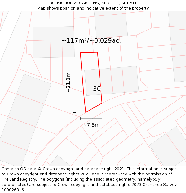 30, NICHOLAS GARDENS, SLOUGH, SL1 5TT: Plot and title map