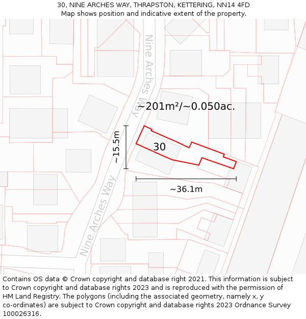 30, NINE ARCHES WAY, THRAPSTON, KETTERING, NN14 4FD: Plot and title map