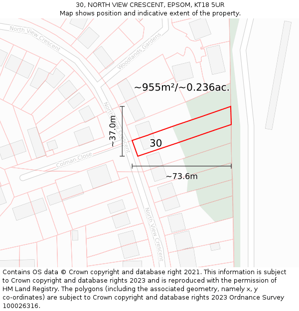 30, NORTH VIEW CRESCENT, EPSOM, KT18 5UR: Plot and title map