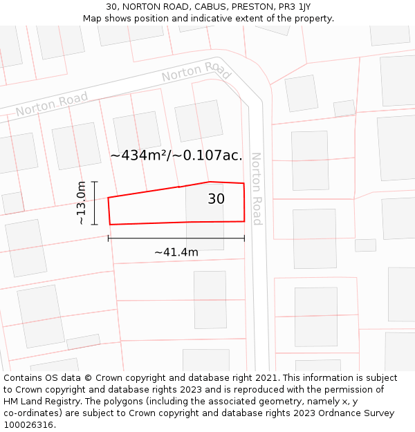 30, NORTON ROAD, CABUS, PRESTON, PR3 1JY: Plot and title map