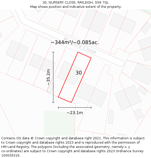 30, NURSERY CLOSE, RAYLEIGH, SS6 7QL: Plot and title map