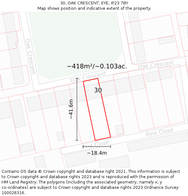 30, OAK CRESCENT, EYE, IP23 7BY: Plot and title map