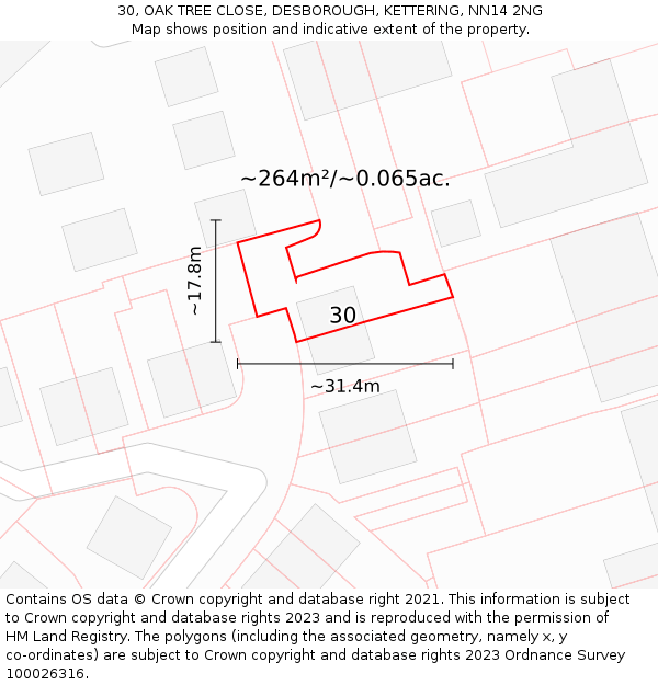 30, OAK TREE CLOSE, DESBOROUGH, KETTERING, NN14 2NG: Plot and title map