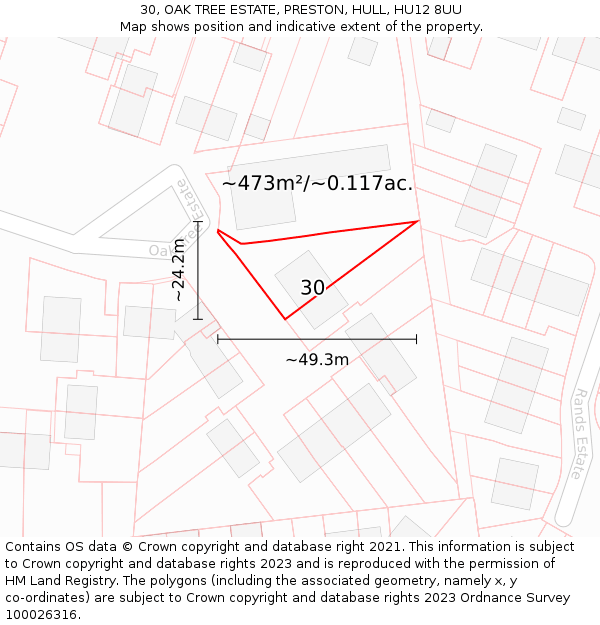 30, OAK TREE ESTATE, PRESTON, HULL, HU12 8UU: Plot and title map
