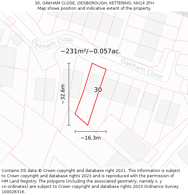 30, OAKHAM CLOSE, DESBOROUGH, KETTERING, NN14 2FH: Plot and title map