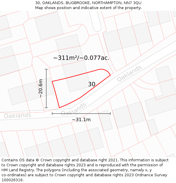 30, OAKLANDS, BUGBROOKE, NORTHAMPTON, NN7 3QU: Plot and title map