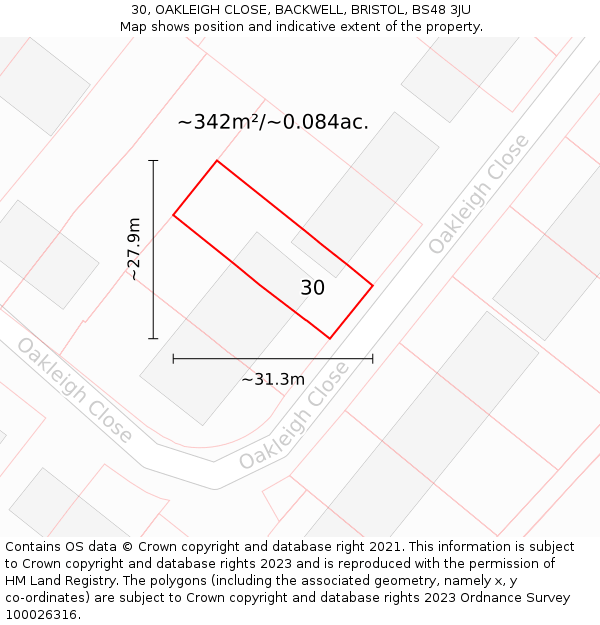30, OAKLEIGH CLOSE, BACKWELL, BRISTOL, BS48 3JU: Plot and title map