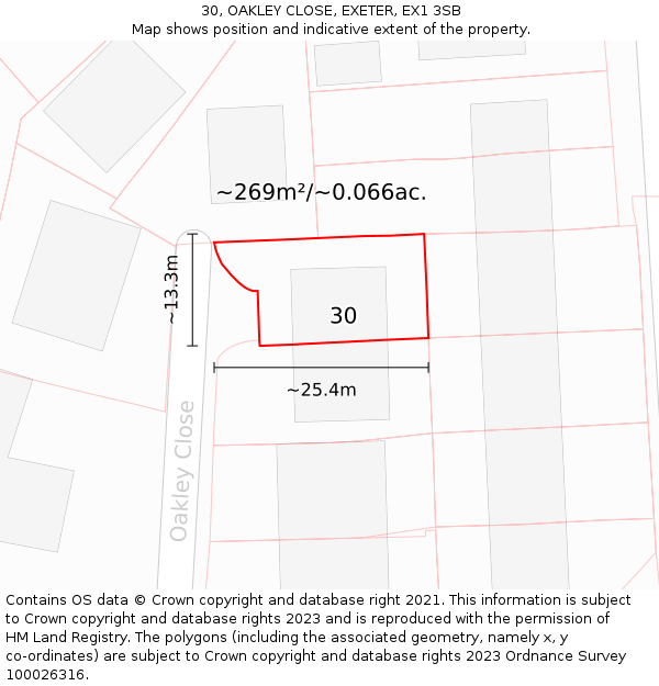 30, OAKLEY CLOSE, EXETER, EX1 3SB: Plot and title map