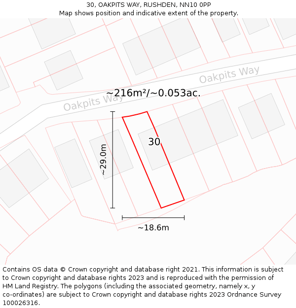 30, OAKPITS WAY, RUSHDEN, NN10 0PP: Plot and title map