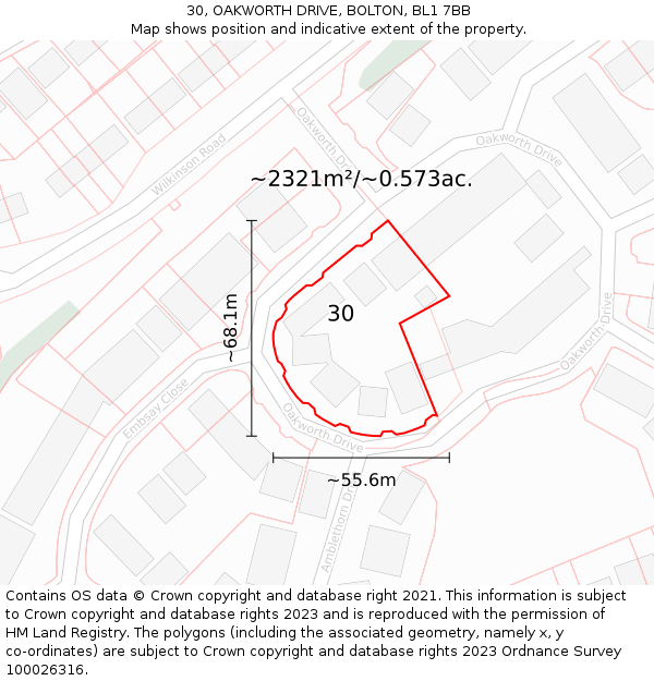 30, OAKWORTH DRIVE, BOLTON, BL1 7BB: Plot and title map