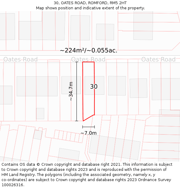 30, OATES ROAD, ROMFORD, RM5 2HT: Plot and title map