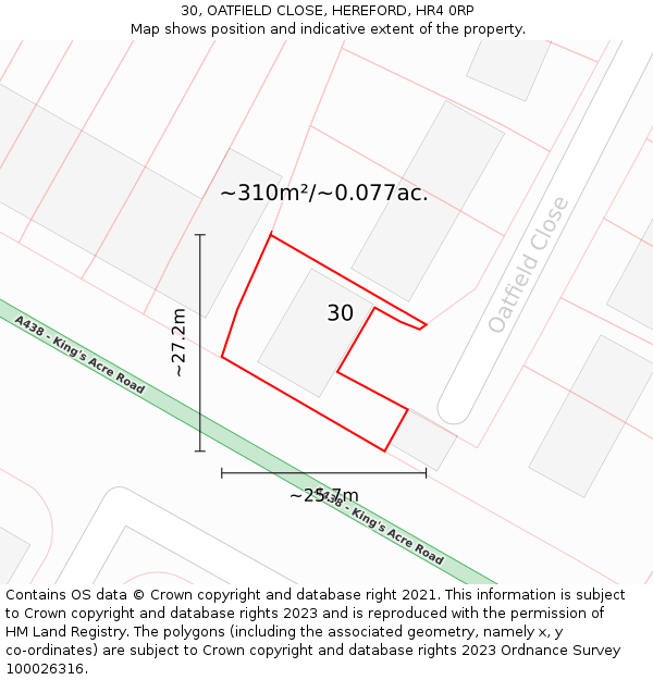 30, OATFIELD CLOSE, HEREFORD, HR4 0RP: Plot and title map