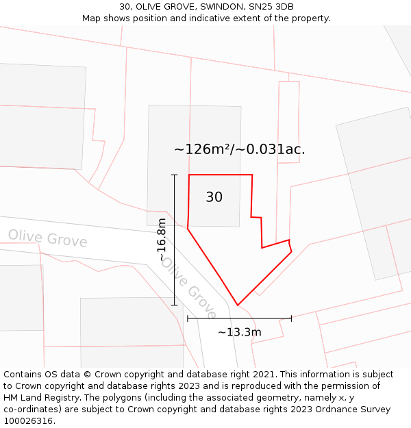 30, OLIVE GROVE, SWINDON, SN25 3DB: Plot and title map