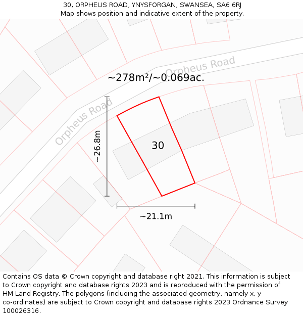 30, ORPHEUS ROAD, YNYSFORGAN, SWANSEA, SA6 6RJ: Plot and title map