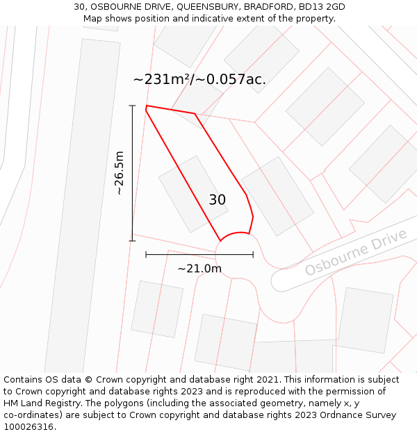 30, OSBOURNE DRIVE, QUEENSBURY, BRADFORD, BD13 2GD: Plot and title map