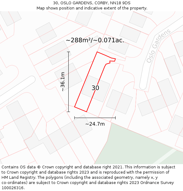 30, OSLO GARDENS, CORBY, NN18 9DS: Plot and title map