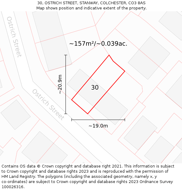 30, OSTRICH STREET, STANWAY, COLCHESTER, CO3 8AS: Plot and title map
