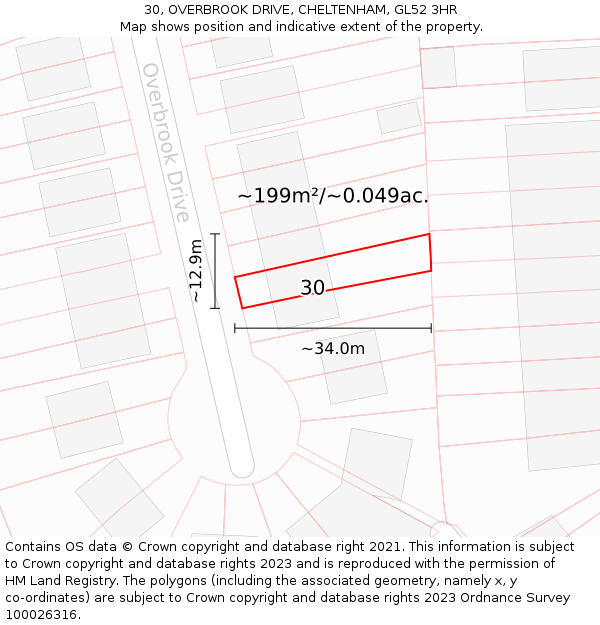 30, OVERBROOK DRIVE, CHELTENHAM, GL52 3HR: Plot and title map