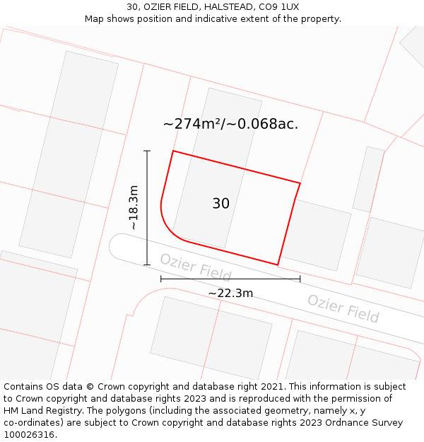 30, OZIER FIELD, HALSTEAD, CO9 1UX: Plot and title map